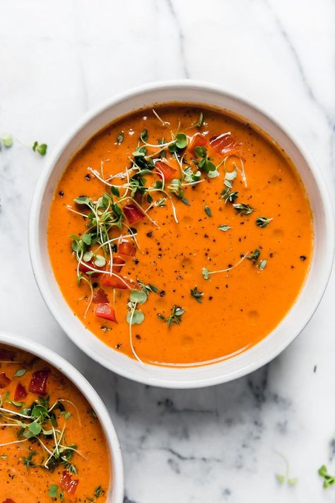 Vegan Cheese Substitute, Roasted Red Pepper Soup, Red Pepper Soup, Soup Vegan, Pepper Soup, Xmas 2024, Roasted Red Pepper, Vegan Soups, Stuffed Pepper Soup