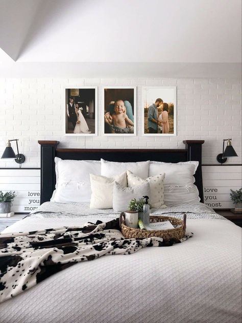 Collage Above Bed, Pictures Above Bed Ideas, Bedroom Photo Collage, Photos Above Bed, Above Headboard Decor, Bedroom Above Bed Decor, Above Bed Ideas, Bedroom Wall Decor Above Bed, Contemporary Home Interior