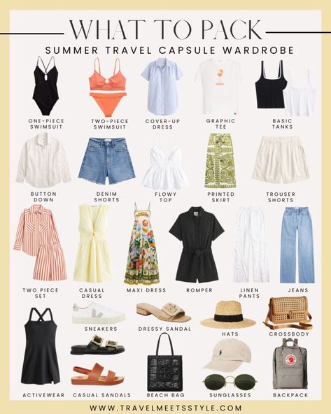 Sunkissed style: How to create the ultimate summer travel capsule wardrobe 2024 - Travel Meets Style Family Vacation Capsule Wardrobe, Active Travel Capsule Wardrobe, Thai Travel Outfit, Capsule Europe Summer, Tropical Holiday Capsule Wardrobe, Capsule Wardrobe Italy Summer 2024, Packing Outfits For Travel Summer, Travel Capsule Wardrobe Southeast Asia, Capsule Wardrobe Cruise Ship