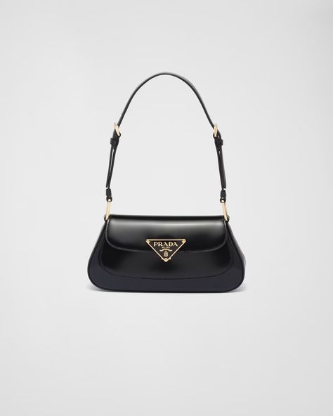 Prada Brushed Leather Shoulder Bag, Black Prada Bag Aesthetic, Prada Arqué Leather Shoulder Bag, Prada Leather Shoulder Bag, Prada Shoulder Bag Outfit, Black Designer Bag, Black Prada Purse, Prada Black Bag, Black Prada Bag