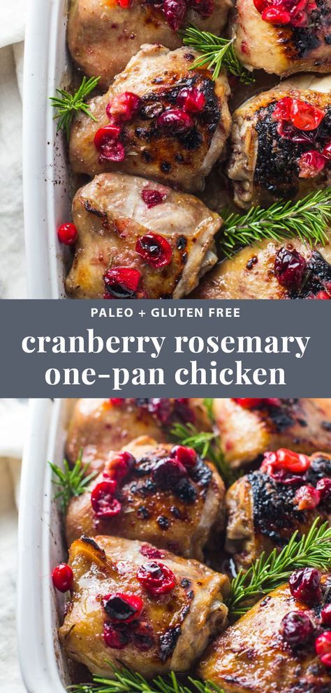 This cranberry rosemary one-pan chicken is an easy, healthy dinner you're going to obsess over during the Christmas and holiday season. Paleo? Oh yes. White wine sauce? Oh mommy. One pan? Ding ding ding! #christmas #chicken Cranberry Rosemary Chicken, Pan Chicken Recipes, Christmas Chicken, Keto Lasagna, Healthy Holiday Recipes, Easy Healthy Dinner, One Pan Chicken, White Wine Sauce, Rosemary Chicken