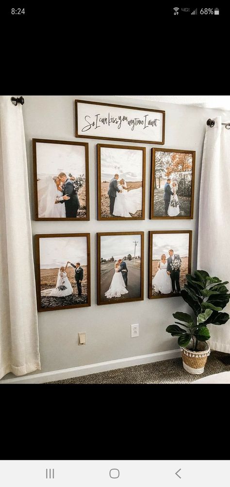 Family Photo Wall Wood Frames, Wedding Pics On Wall Living Rooms, Bedroom Picture Display, Picture Frame Collage Ideas Layout, Engagement Photo Wall Display, Wedding Pictures On Wall, Couple Photos On Wall Ideas, Wedding Pic Wall Display, Wedding Wall Collage