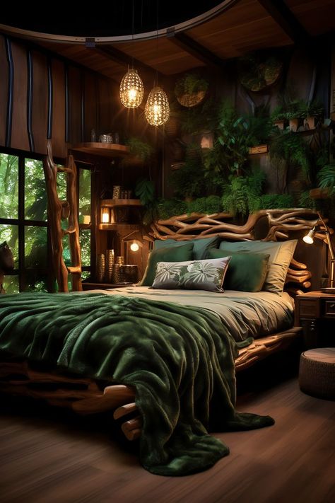 Medium-sized Dark Boho Bedroom with a Forest Green & Oak Color Scheme, featuring Tree Murals, Wooden Furniture, and Forest Art, creating a magical and organic atmosphere. Forest Aesthetic Bedroom, Forest Bedroom Ideas, Forest Green Bedrooms, Dark Boho Bedroom, Woodland Bedroom, Forest Bedroom, Jungle Bedroom, Dark Boho, Boho Bedroom Design