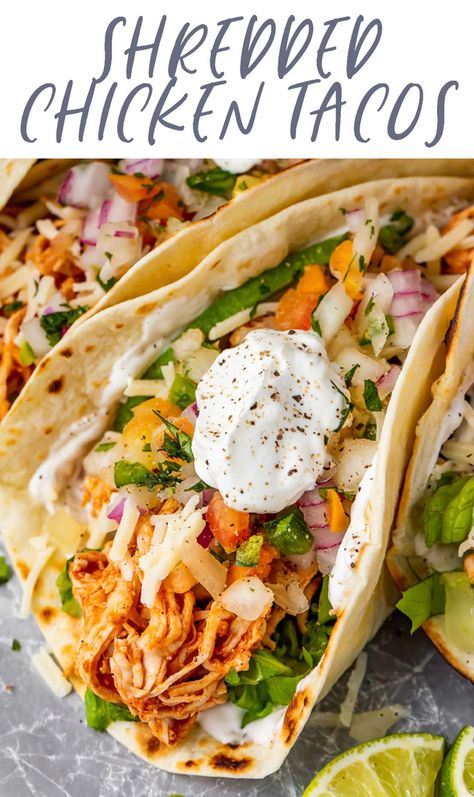 These shredded chicken tacos are just perfect! Quick and easy to make, we like them even better than the Mexican restaurant. Easy to adapt to different diets and delicious loaded up with toppings! Shredded Chicken Tacos Healthy, Chicken Tacos Mexican, Shredded Chicken Uses Easy Meals, Chicken Tacos Toppings, Stewed Chicken Tacos, Gluten Free Chicken Tacos, Low Carb Chicken Tacos, Chicken Tacos Recipe Shredded, Shredded Chicken Ideas