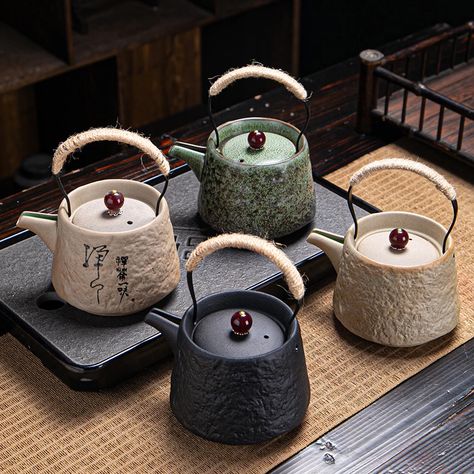 Teapot ceramic stoneware handle pot household retro Japanese Kung Fu tea set single pot handmade anti scalding teapot|Teapots| - AliExpress Ceramic Teapots Handbuilt, Tea Pots Ceramic, Elegant Tea Set, طقم شاي, Teapot Ceramic, Zen Tea, Stoneware Teapot, Black Pottery, Pottery Inspo