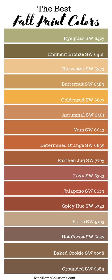 We don't care what you say; fall is here and we want pumpkin spice everything! We also want all of these fall inspired colors from Sherwin Williams Shades Of Fall Colors, Rust Colored Paint Sherwin Williams, Sherwin Williams Fall Colors, Fall Wall Paint Colors, Fall Paint Colors Colour Palettes, Pumpkin Color Scheme, Fall Inspired Paint Colors, Fall Wall Colors, Rust Paint Color Sherwin Williams