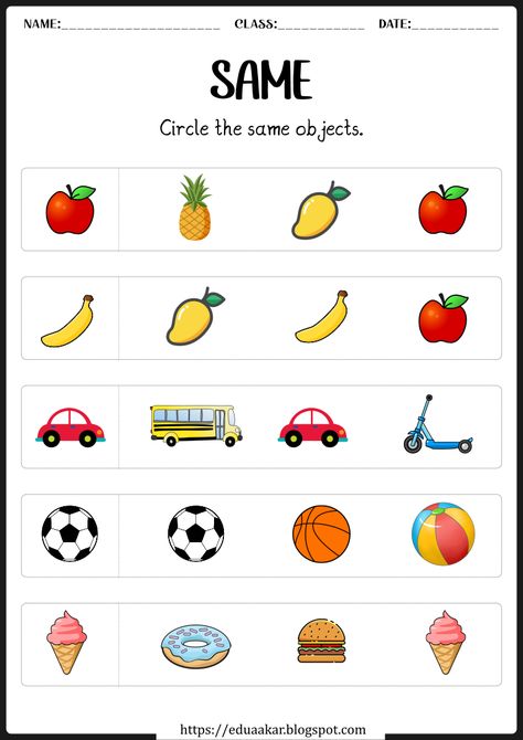 Same and Different Worksheets for Kids: Develop Cognitive Skills with Fun Nursery Study Material, Maths Concepts For Preschoolers, Logical Worksheets For Kindergarten, Playschool Worksheets, Evs Worksheet For Lkg, Lkg Worksheets Maths, Nursery Worksheets Preschool English, Kindergarden Activities English, Nursery Class Activities