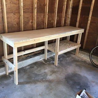 Garage Table Diy, Work Bench Top Ideas, Shed Table Work Benches, Free Workbench Plans, Diy Shed Workbench, Shed Bench Workbenches, Workbench Legs Ideas, Garage Workbench With Storage, Small Garage Work Bench