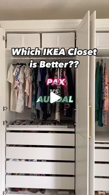 Hana | DIY & Home Design on Instagram: "I’ve installed both IKEA PAX and IKEA AURDAL and there are so many differences! 

🏆 Overall winner 
If I had never DIYed, I think AURDAL would be a clear winner. It’s lightweight and easy to install. However, the PAX system is a dream closet with all the different inserts like jewelry, belts, pants, shoes, etc..

💅 Design: IKEA PAX design options are endless. The BEST part of this closet is that there are endless organizers. There are different drawer sizes, clothes rails, jewelry and watch organizers. AURDAL only has drawers, and shoe shelves. 

🔩Materials: One of the biggest downsides of AURDAL is the materials. The edges of the frame are made of MDF. Then, the center is filled with honeycomb paper filling. PAX is made of MDF. 

⭐️ Best use of t Ikea Wardrobe Drawers, Pax Wardrobe Drawers, Ikea Entry Closet, Small Ikea Closet Ideas, Ikea Pax L Shaped Closet, Ikea Pax Shoe Closet, Ikea Drawers Closet, Ikea Pax Entertainment Center, Pax Wardrobe Craft Storage