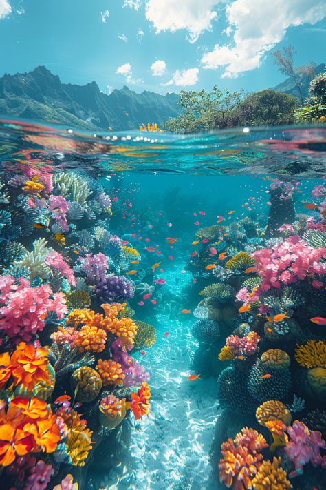 (12) Image tagged with underwater, coral reef, islands – @fairytaleprincessart on Tumblr Ocean Coral Reef, Underwater Backdrop, Colorful Coral Reef, Aesthetic Coral Reef, Underwater Reef, Underwater Garden, Coral Reefs Aesthetic, Coral Ocean, Great Barrier Reef Aesthetic