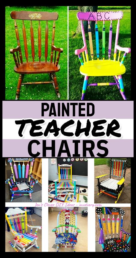 How To Refurbish A Chair, Pencil Rocking Chair, Old School Chairs Ideas, Diy Classroom Chairs, Teacher Furniture Ideas, Paint Bench Ideas, Teacher Rocking Chair Painted Rainbow, Reading Chair Classroom, Crayola Rocking Chair