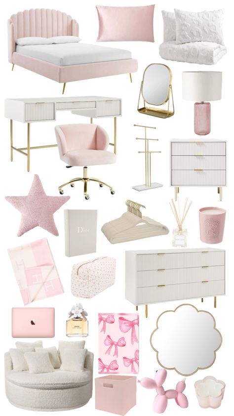 Aesthetic Chairs For Bedroom, Pink And White Bedroom Ideas Aesthetic, Studio Room Makeover, Preppy And Aesthetic Room, Pink Cute Room Ideas, College Dorm Room Ideas Pink And White, White Bedding With Pink Accents, Room Inspo White And Pink, Pink And White Room Inspiration