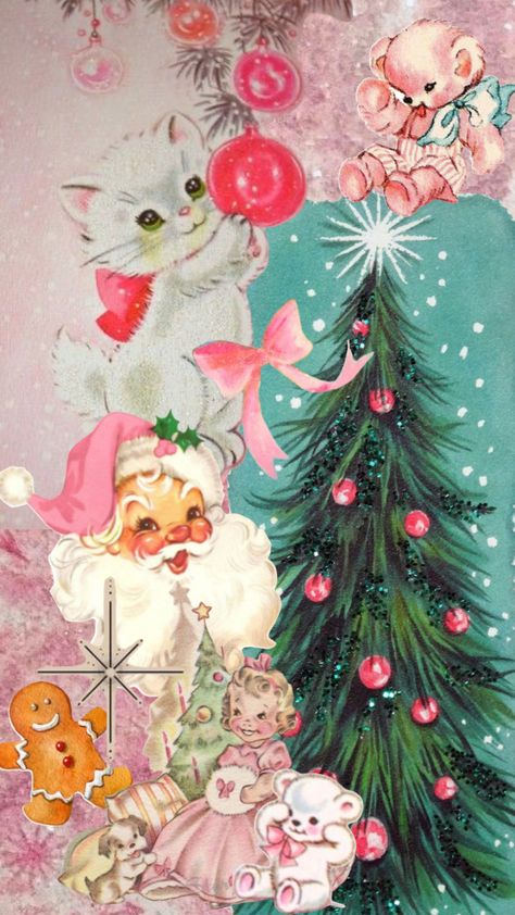 Vintage Christmas Kitsch, Holiday Vibes Christmas, Pink Vintage Christmas Wallpaper, Mcbling Christmas Wallpaper, Pink Retro Christmas Aesthetic, Pastel Vintage Christmas, Pink Vintage Christmas Tree, Christmas Wallpaper 2023, Vintage Pink Christmas Wallpaper