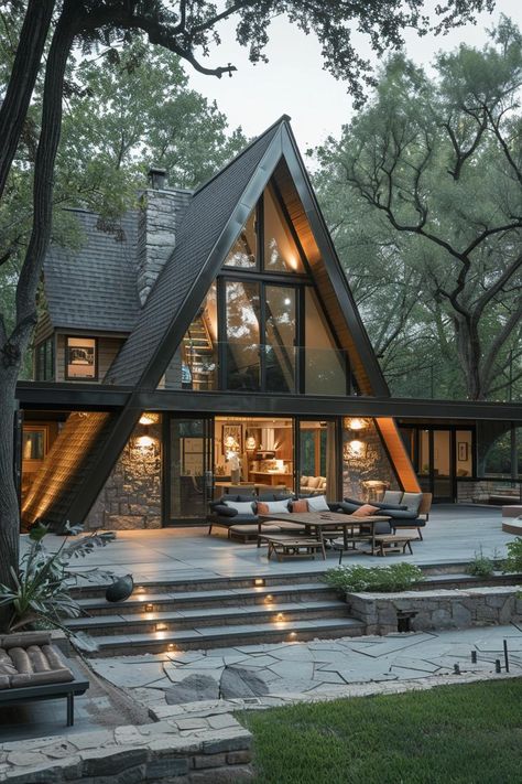 74 Modern A-Frame Houses Ideas for Your Perfect Escape A Frame Hybrid House, A Frame House Interior Kitchen, A Frame House Aesthetic, A Frame House Addition Ideas, A Frame Floor Plans 4 Bedroom, A Frame Dining Room, A Frame With Sunroom, Prefab A Frame Home, Dark A Frame House