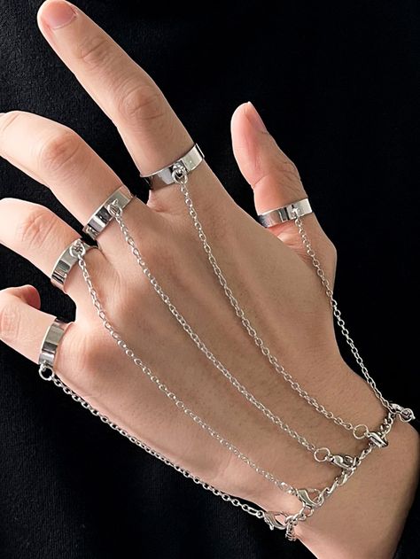 1pc Women's Fashionable Punk Finger Ring & Bracelet & Silver Chain Hand Harness Bracelet With Ring Connected | SHEIN USA Emo Mode, Emo Jewelry, قلادات متدلية, Hip Hop Chains, Edgy Jewelry, Mens Fashion Jewelry, Mens Bracelet Silver, Estilo Punk, Simple Bracelets