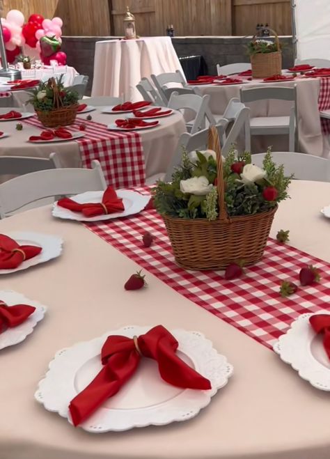 Strawberry Theme Party Centerpieces, Cherry On Top Baby Shower Ideas, Berry Baby Shower Centerpieces, Berry First Birthday Party Table Decor, Strawberry First Birthday Theme Centerpieces, Strawberry Center Piece Ideas, Strawberry Shortcake Cowgirl, Berry Sweet Centerpieces, Strawberry Party Centerpiece Ideas