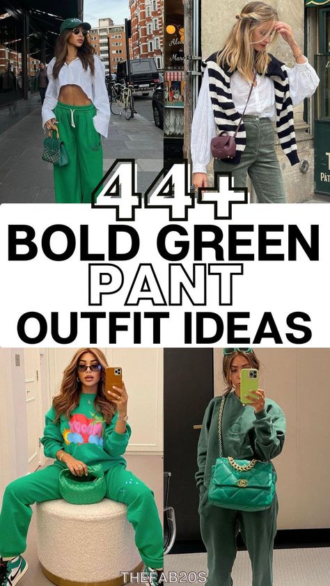 I looooove these green pant outfit ideas! These chic and trendy green pant outfits are SO god! I never know what to wear with green pants for work but thes give me a BOLD look. Green Gold Pants, Lime Green Pants Outfit Work, Emerald Green Dress Pants Outfit, Green Jeans Outfit Ideas, Green Pants Outfit Christmas, Green Pants Outfit Ideas, All Green Outfits For Women, Green Pants Outfit Black Women, Green Cargo Pants Outfit Fall