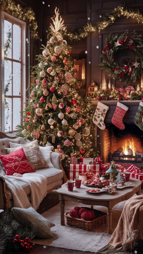 Immerse yourself in the magic of the holiday season with this cozy Christmas wallpaper aesthetic. Featuring a beautifully decorated living room with twinkling lights, a stunning evergreen tree, and a crackling fireplace, this scene evokes warmth and joy. Perfect for your festive decor, it captures the enchanting spirit of Christmas with rich reds, greens, and golds. #ChristmasWallpaper #HolidayDecor #CozyChristmas Holiday Aesthetic Christmas, Christmas Cozy Aesthetic Wallpaper, Twinkle Lights Tree, Holiday Wallpaper Aesthetic Christmas, Christmas Aesthetic Red And Green, Cozy Christmas Tree Ideas, Christmas Tree Aesthetic Wallpaper, Christmas Wallpaper Tree, Christmas Tree Wallpaper Aesthetic