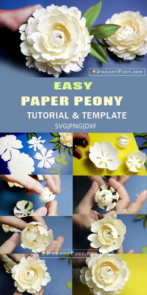 Paper Peony Template, Peony Paper Flower, Paper Peonies Tutorial, Handmade Paper Cards, Cream Peony, Giant Paper Flowers Template, Rolled Paper Flowers, Craft Flowers, Paper Peonies