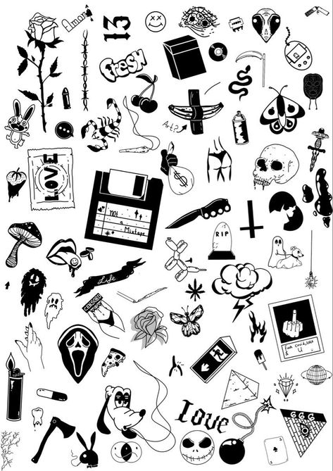 Grunge Tattoo Ideas Drawings Simple, Sticker Tattoo Ideas Men, Small Art Tattoos Simple, Random Thigh Tattoos, Small Flash Tattoo Ideas Simple, Small Edgy Tattoos Grunge, ဖန်စီ Tattoo, Forearm Tattoo Designs Sketches, Knee Cap Tattoo Men