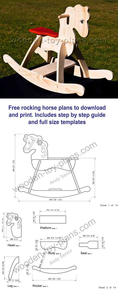 Free rocking horse plans with full size template patterns. Fun, easy to make project for all woodworking skills. Build one today. #woodentoyplans Wooden Rocking Horse Plans, Rocking Horse Diy, Rocking Horse Woodworking Plans, Rocking Horse Plans, Horse Template, Wood Rocking Horse, Woodworking Plans Patterns, Wood Toys Plans, Wooden Rocking Horse