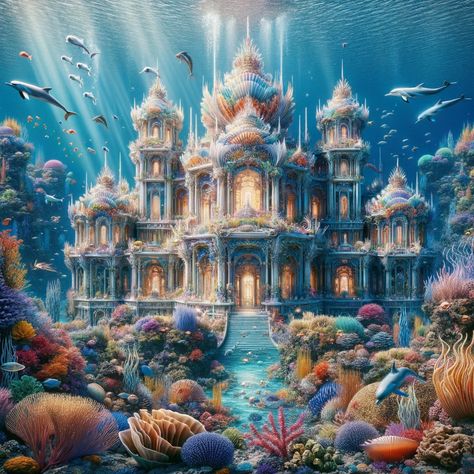 Mermaid Palace Under The Sea, Underwater Castle Fantasy Art, Sea Castle Fantasy Art, Mermaid City Underwater, Water Planet Concept Art, Ocean Kingdom Aesthetic, Underwater Kingdom Fantasy Art, Under Water Castle, Mermaid Castle Underwater