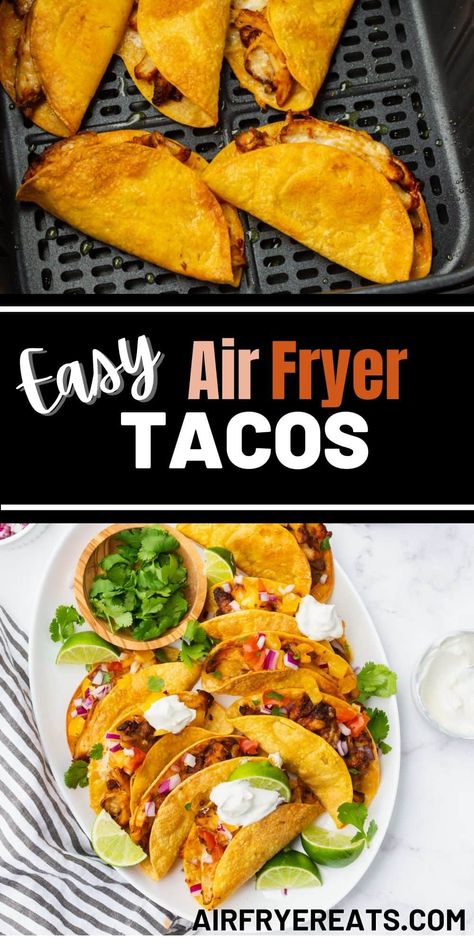 Make the best Air Fryer Tacos with this easy recipe, featuring perfectly seasoned shredded chicken thighs, melty cheese, and crispy air fried taco shells. Street Tacos In Air Fryer, Mexican Food In Air Fryer, Corn Tortilla Air Fryer Recipes, Air Fryer Fried Tacos, Taco In Air Fryer, Air Fried Tacos Recipe, Air Fryer Carne Asada Tacos, Chicken Taco Air Fryer, Air Fry Chicken Tacos