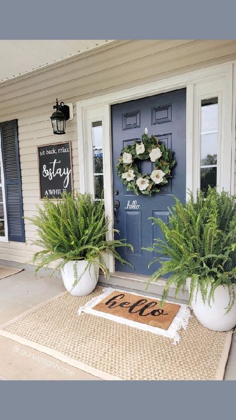 Front Porch Ideas Flowers Planters, Summer Porch Decor Front Entry Spring, Cute Front Porch Ideas Summer, Front Yard And Porch Ideas, Ferns In Planters Front Porches, Front Porch Decor Spring/summer, Front Porch Summer Ideas, Summer Porch Ideas Front Doors, Front Door Ferns Porch Ideas