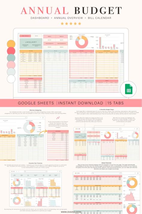 Transform your financial management with our Annual Budget Spreadsheet for Google Sheets. This comprehensive tool includes 15 tabs covering monthly budgets, bill calendars, dashboards, and annual overviews. Stay organized, track expenses, and achieve financial goals effortlessly. Optimize your finan Productivity Templates, Finance Planning, Financial Budget Planner, Excel Budget Spreadsheet, Track Expenses, Budget Spreadsheet Template, Budget Template Free, Weekly Budget Planner, Monthly Budget Spreadsheet