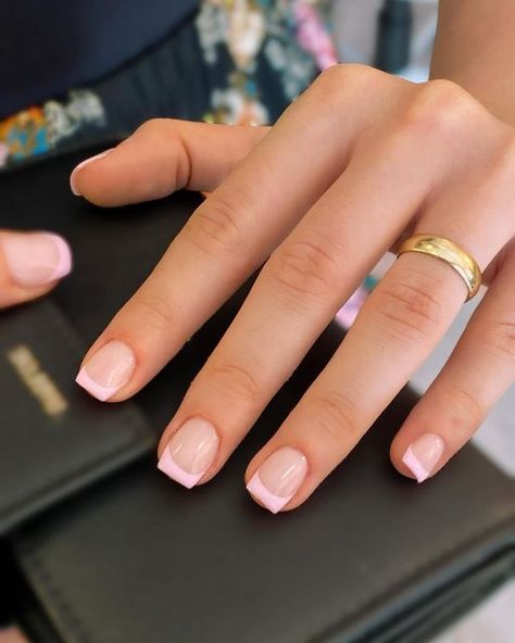 Easy Short Square Nail Ideas, Light Pink French Tip Nails Square Short, Square French Tips Short, Light Pink French Tip Square, Short Light Pink French Tip Nails, Small Square French Tip Nails, Light Pink French Tips Square, Short Square Pink French Tip Nails, Short French Tip Acrylic Nails Pink