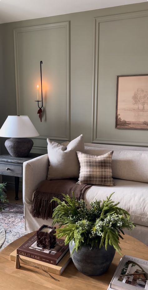 Green Paneling Living Room, Dark Green Living Room Panelling, Taupe Lounge Living Rooms, Moody Mountain Living Room, Faded Grandeur Interiors, Rose Colored Living Room, Light Sage Living Room Walls, Green Taupe Living Room, Farrow And Ball Lichen Living Room