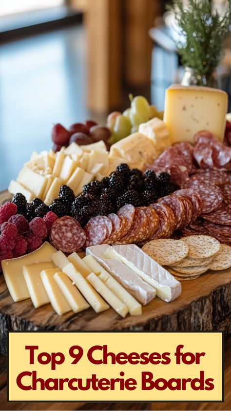 A variety of cheeses arranged on a wooden charcuterie board with fruits, meats, and crackers for a delicious presentation. Charcuterie Board And Wine Pairing, How To Create A Cheese Board, What To Add To A Charcuterie Board, List Of Cheeses For Charcuterie Board, Cheese Board Cheese, What Cheeses To Put On A Cheese Board, Best Cheese And Cracker Pairing, Best Things To Put On A Charcuterie Board, Meats And Cheeses For Charcuterie