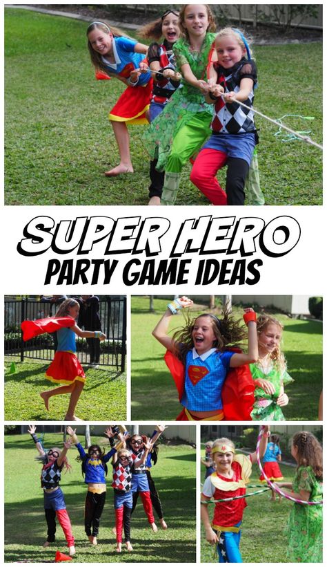 Superhero Birthday Party Games, Dc Superhero Girls Party, Superhero Camp, Super Hero Activities, Superhero Party Games, Super Hero Games, Superhero Vbs, Party Game Ideas, Super Hero Party