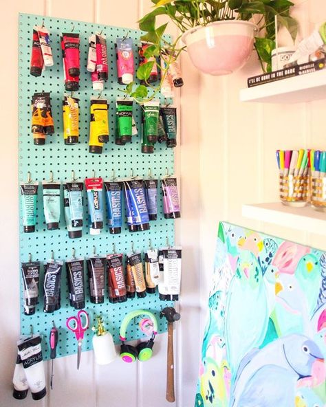 Art Studio | How-to-Make | Pegboard Projects  Cheap-Paint | Storage- Ideas | Organization | Tool Wall #easydiy #freediy #organizationideas #pegboard #artist Home Art Studios, Pegboard Design, Pegboard Craft Room, Paint Organization, Pegboard Organization, Art Studio Space, Art Studio Organization, Art Studio Room, Art Supply Organization