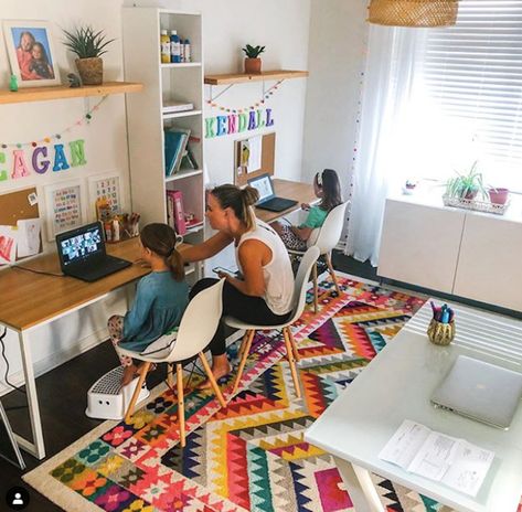 Homework Space In Living Room, Homework Board For Home, Ikea Kids Office, Homeschool Rooms Design, Kindergarten Desk Setup At Home, Narrow Classroom Setup, Homeschool Basement Ideas, Home Office Homework Room, Homeschool Setup Ideas