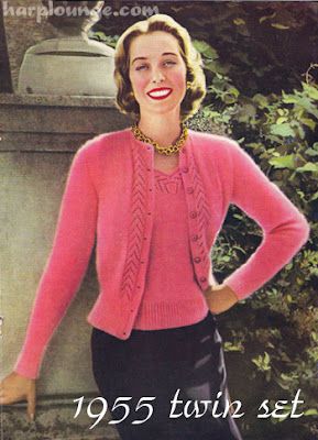 The Vintage Pattern Files: 1950S Knitting - Twin Set For Glamorous Evenings Womens Knitting Patterns, Vintage Knitwear, Vogue Knitting, Vintage Mom, Vintage Knitting Patterns, Twin Set, Garter Stitch, Knitting Girls, Knitting Women