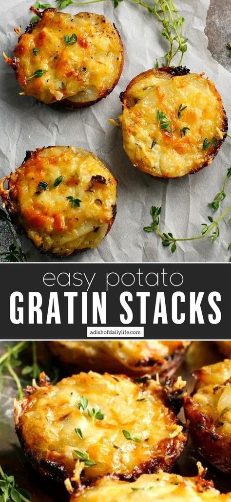 These Potato Gratin Stacks are a great short cut option for the more time consuming Potatoes Au Gratin casserole dish. They’re just as delicious, and they’re easier to make! Potato Gratin Stacks, Easy Potato Gratin, Potato Gratin Easy, Au Gratin Potatoes, Gratin Potatoes, Cheesy Potato Casserole, How To Make Potatoes, Potatoes Au Gratin, Potato Gratin