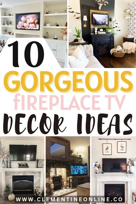 10 Gorgeous Decor ideas: How to decorate a fireplace mantel and place your TV - Clementine Online Decorate Mantle Fireplace With Tv, Decor For Fireplace Mantle With Tv, How To Decorate Fireplace With Tv, How To Decorate A Fireplace With A Tv, Decor Ideas For Fireplace Mantel, Fireplace Mantle Decor Under Tv, How To Decorate Large Mantle, Modern Fireplace Mantel Decor, Brick Fireplace Mantle Decor Ideas