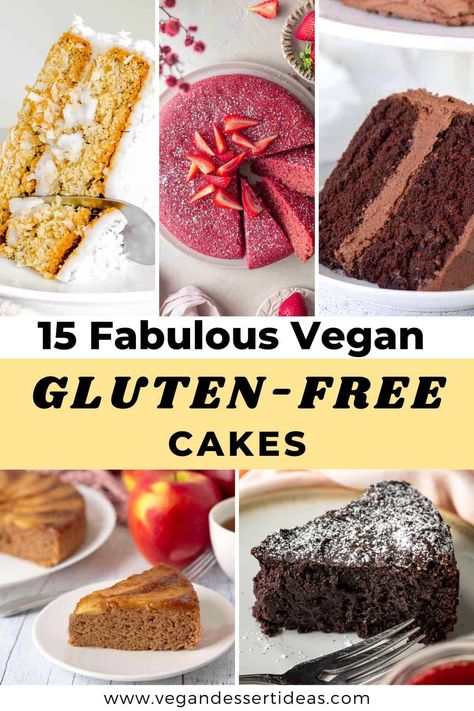 Looking for vegan cakes that are also gluten-free? These tried and tested recipes will show you how to make fluffy and delicious gluten free cakes with alternative flours such as oat, rice, almond and gGF flour blends. Includes classics like chocolate and vanilla, and fruity cakes such as strawberry and apple. All these vegan GF cake recipes are of course dairy-free and plantbased too, so they're great when you need to cater for different dietary needs. Vegan Gluten Free Bundt Cake Recipes, Vegan And Gluten Free Cake Recipes, Gluten Free Egg Free Cake Recipes, Vegan And Gluten Free Baked Goods, Gluten Free Vegan Vanilla Cake, Vegan Gf Cake, Vegan Gluten Free Cake Recipes, Gluten And Dairy Free Cake Recipes, Gluten Free Cake Flour Recipe