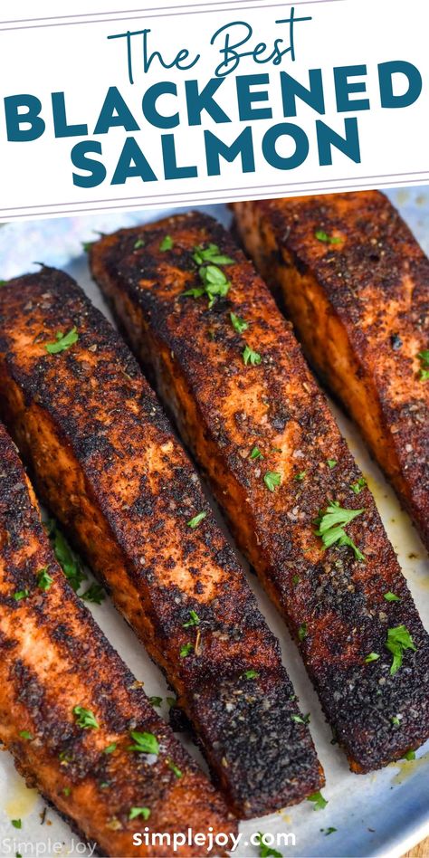 Blackened Salmon is an easy dinner that is ready in less than 25 minutes. The flavors of our Cajun seasoning put this recipe over the top! Cast Iron Salmon, Blackened Salmon Recipes, Salmon Recipes Oven, Salmon Dinner Recipes, Oven Salmon, Salmon Recipes Pan Seared, Salmon Filets, Homemade Cajun Seasoning, Blackened Salmon