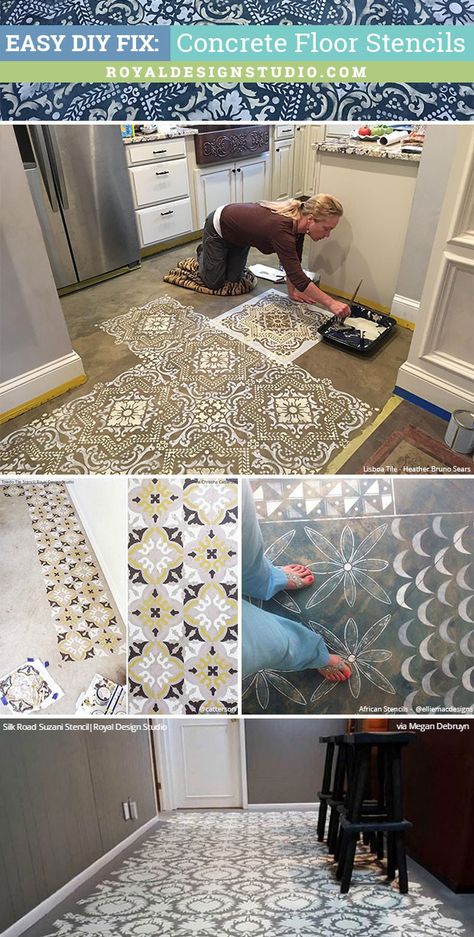 Easy DIY Fix: Painted Floor Makeover & Remodeling using Concrete Floor Stencils from Royal Design Studio Lantai Vinil, Floor Makeover, Painted Floor, Tile Stencil, Stenciled Floor, Basement Flooring, Basement Decor, Diy Remodel, Concrete Patio