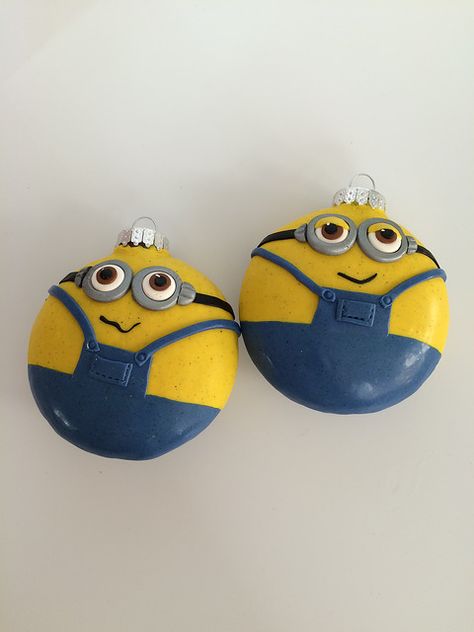 Minion Ornaments_New Style | by Nifty Stuff by Gail Minions, Clay Xmas Ornaments, Minion Ornaments, Minion Painting, Painted Crafts, Yule Log, Painted Christmas Ornaments, Clay Ornaments, Painted Ornaments