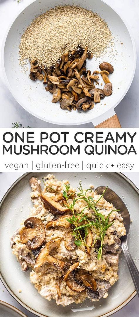 This is amazing Creamy Mushroom Quinoa is the best dish ever! This easy recipe uses just a few ingredients, is great for dinner or as a side, tastes amazing, and is the ultimate healthy dish for the holidays. This recipe is made with mushrooms, quinoa, cashew cream and served with fresh herbs. Vegan, gluten-free, and so easy to make. Quinoa Recipes Dinner, Pilsbury Recipes, Mushroom Side Dishes, Mushroom Quinoa, Quinoa Recipe, Mushroom Dish, Vegan Quinoa, Simply Quinoa, Cashew Cream