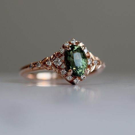 Whimsical Wedding Ring Gold, Whimsical Vintage Engagement Ring, Engagement Rings Gold And Green, Vintage Topaz Engagement Rings, Hazel Engagement Ring, Fantasy Inspired Rings, Sapphire Engagement Ring Green, Green Sapphire Engagement Ring Gold, Gold Green Engagement Ring