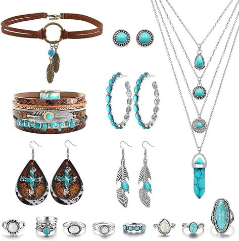 Amazon.com: MJartoria Native American Bohemian Feather Charm Handmade PU Leather Choker Necklace Set Turquoise: Clothing, Shoes & Jewelry Turquoise Jewelry Set, Western Stuff, Leather Choker Necklace, Turquoise Jewelry Native American, Black Choker Necklace, Bohemian Handmade, Ring Turquoise, Gothic Necklace, Choker Necklace Set