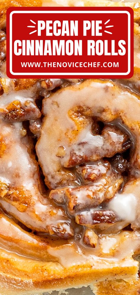 These soft, moist, melt-in-your-mouth Pecan Pie Cinnamon Rolls are stuffed with a sweet pecan filling for a cozy crunch, and baked to a lovely golden brown. Cinnamon Roll Pecan Pie, Pecan Rolls Recipe, Rhodes Rolls, Breakfast Cakes, Pecan Filling, Homemade Pecan Pie, Pecan Cinnamon Rolls, Novice Chef, Cinnabon Cinnamon Rolls