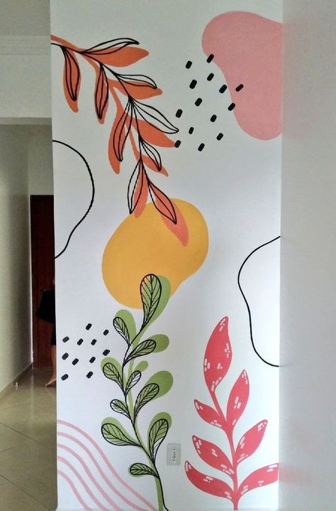 Classroom Painted Walls, Easy Wall Decor Painting Ideas, Easy Floral Wall Painting, Cute Murals Wall Art, Small Space Mural, Succulent Accent Wall, Wall Mural Colorful, Small Wall Mural Ideas, Aesthetic Wall Painting Bedroom