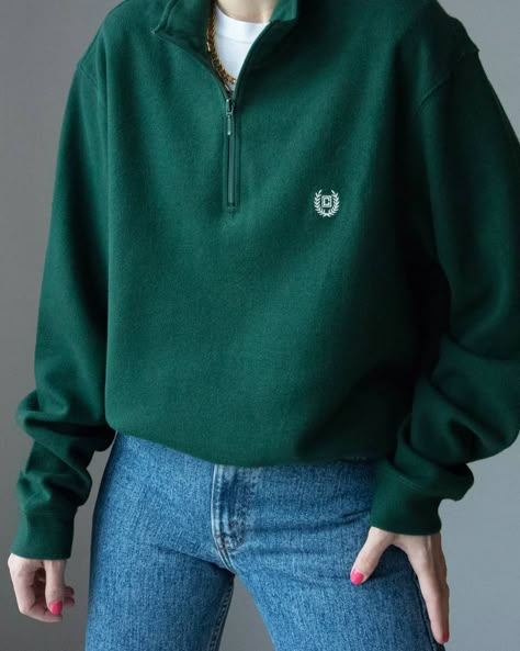 Forest Green Sweatshirt Outfit, Quarter Zip Sweater Green, Zip Up Collar Sweater, Green Sweaters For Women, Green Half Zip Pullover Outfit, Green Zip Up Sweater Outfit, Forest Green Fall Outfit, Forest Green Outfit Ideas, Forest Green Sweater Outfit