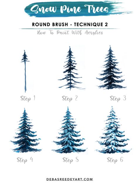 Pine Tree Painting Easy, Easy Xmas Paintings, How To Paint A Pine Tree, Winter Tree Painting, Painting Winter Trees, How To Draw Winter Trees, Christmas Gouache Painting Ideas, How To Paint Pine Trees, Winter Acrylic Painting Ideas