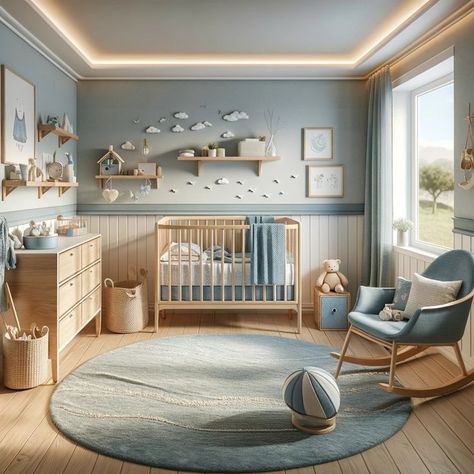 Cute Simple Nursery Ideas, Nursery Ideas Light Blue, Blue Nursery Color Palette, Light Blue Nursery Ideas, Blue Themed Nursery, Light Blue Baby Room, Nursery Aesthetic Boy, Gender Neutral Ocean Themed Nursery, Baby Boy Room Inspiration